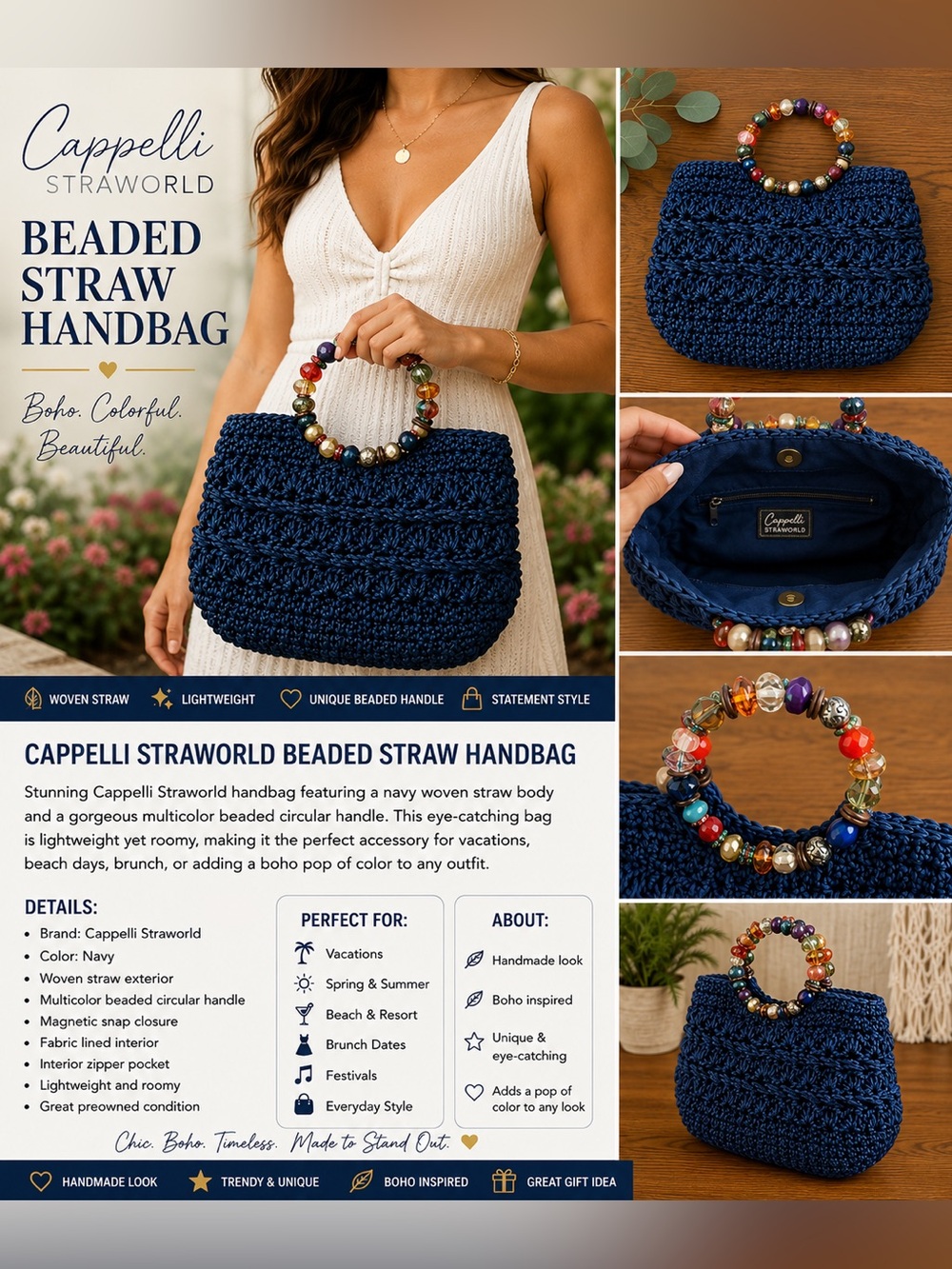 Cappelli Straworld Navy Straw Handbag Beaded Handle Boho Tote Purse
